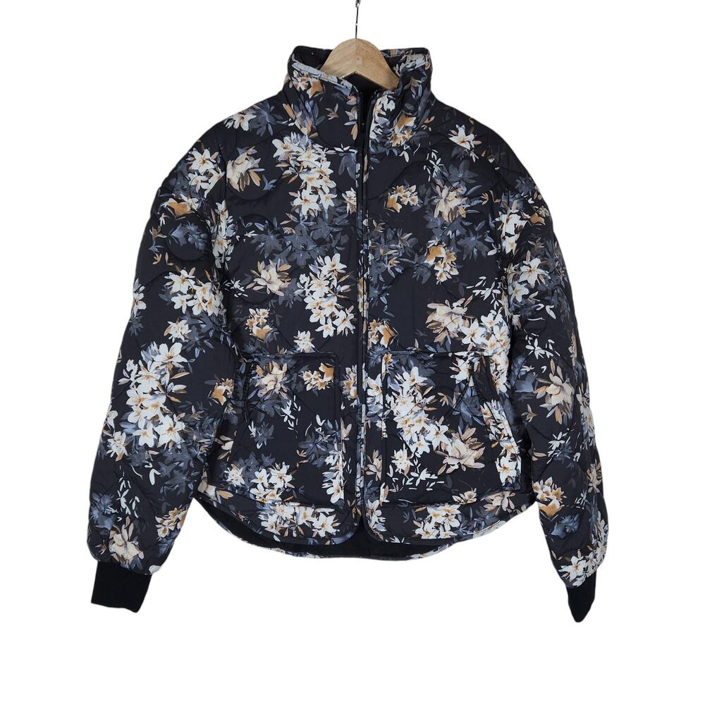 FLX Jacket Small Black Floral Quilted Packable Full Zip Pocket Oversized Boxy